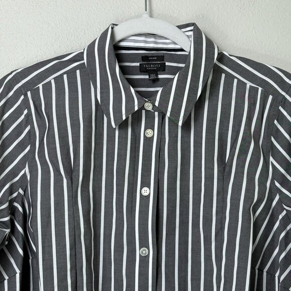 Talbots Button Front Top Plus Petite 14 14WP Gray White Striped No Iron Shirt - Picture 2 of 12
